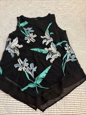 Alfani Black Sleeveless Camisole with Teal and White Floral Embroidery size med